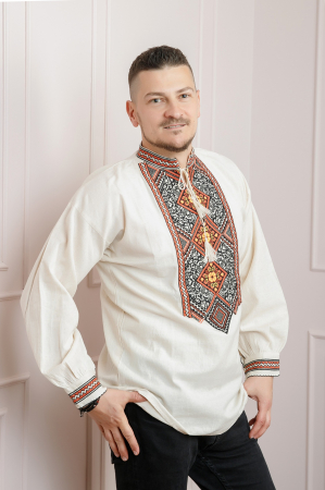 Camasa barbateasca traditionala crem cu motiv geometric orange Fabian [3]