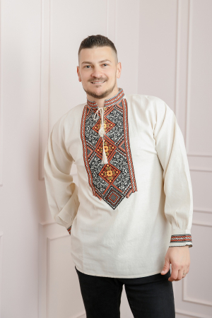 Camasa barbateasca traditionala crem cu motiv geometric orange Fabian [0]