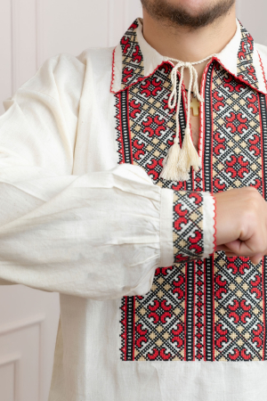 Camasa barbateasca traditionala crem cu motiv geometric rosu Laurentiu [1]