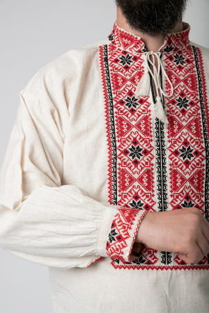 Camasa barbateasca traditionala crem cu motiv geometric rosu Paul 01 [1]