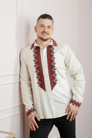 Camasa barbateasca traditionala crem cu motiv geometric rosu Petru 04 [3]