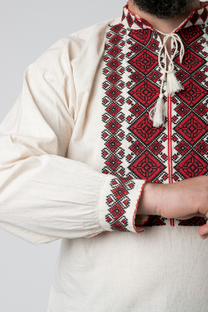 Camasa barbateasca traditionala crem cu motiv geometric rosu Calin 02 [1]