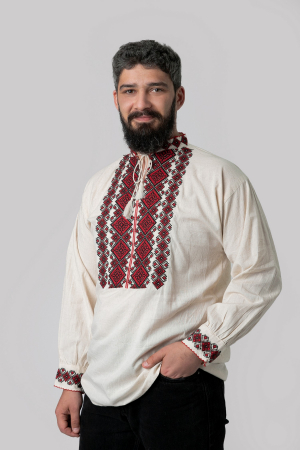 Camasa barbateasca traditionala crem cu motiv geometric rosu Calin 02 [0]