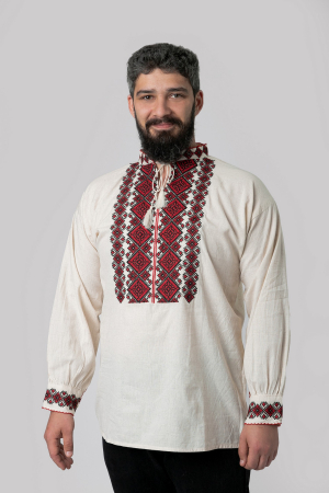 Camasa barbateasca traditionala crem cu motiv geometric rosu Calin 02 [3]