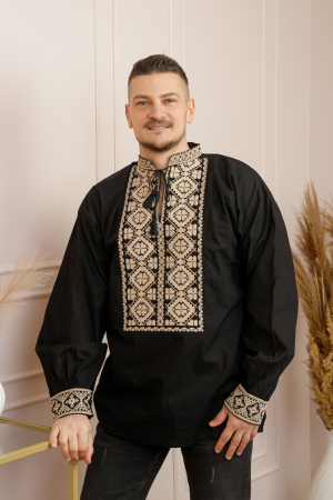 Camasi barbatesti - Camasa barbateasca traditionala neagra cu motiv floral crem Filip