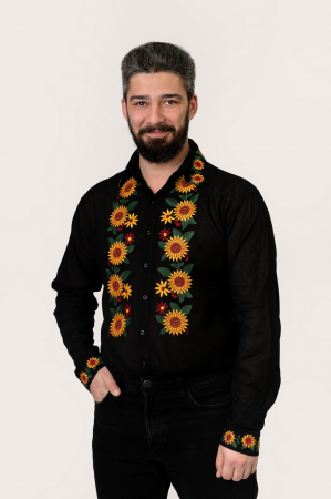 Camasi barbatesti - Camasa barbateasca traditionala neagra cu motiv floral galben Darius