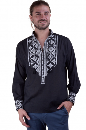 Camasa barbateasca traditionala neagra cu motiv geometric alb Tudor [0]