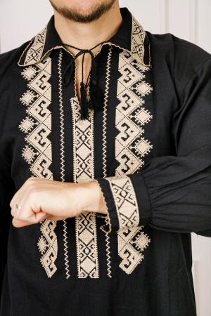 Camasa barbateasca traditionala neagra cu motiv geometric crem Petru 03 [1]