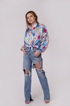 Camasa bleu cu imprimeu floral si nod in talie [4]