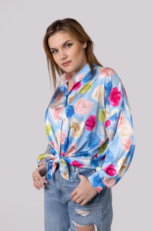 Camasa bleu cu imprimeu floral si nod in talie [3]