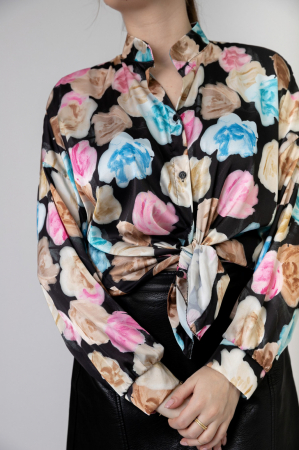 Camasa neagra cu imprimeu floral si nod in talie [1]
