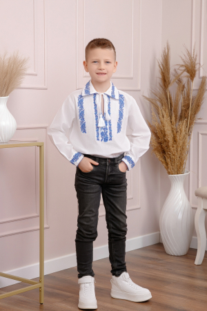 Camasa traditionala de baieti alba cu motiv floral albastru Cristian 02 [2]