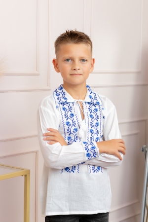 Imbracaminte Baieti - Camasa traditionala de baieti alba cu motiv floral albastru Alin 01