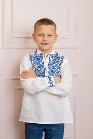 Camasa traditionala de baieti alba cu motiv floral albastru Codin [3]