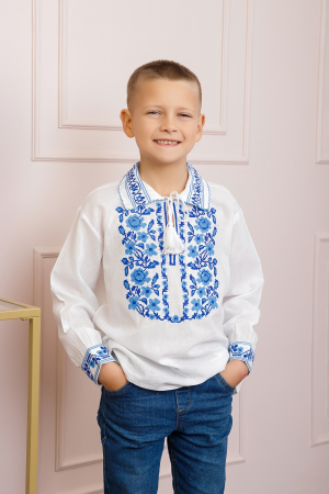 Camasa traditionala de baieti alba cu motiv floral albastru Iulian [0]