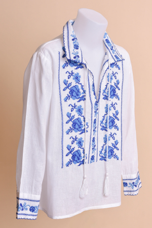 Camasa traditionala de baieti alba cu motiv floral albastru Liviu 01 [2]