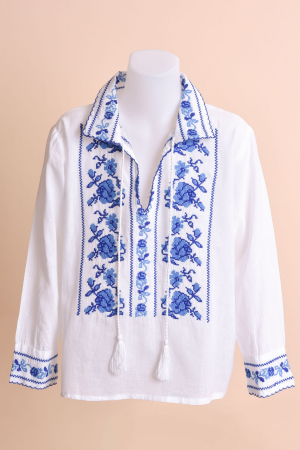 Camasa traditionala de baieti alba cu motiv floral albastru Liviu 01 [0]