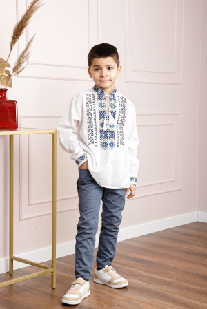 Camasa traditionala de baieti alba cu motiv floral albastru Mugur [3]