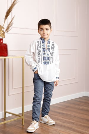 Camasa traditionala de baieti alba cu motiv floral albastru Mugur [3]