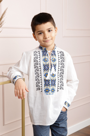 Camasa traditionala de baieti alba cu motiv floral albastru Mugur [0]