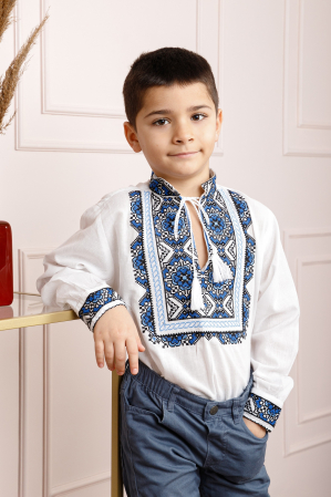 Camasa traditionala de baieti alba cu motiv floral albastru Nicolas [0]