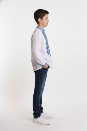 Camasa traditionala de baieti alba cu motiv floral albastru Razvan 01 [1]