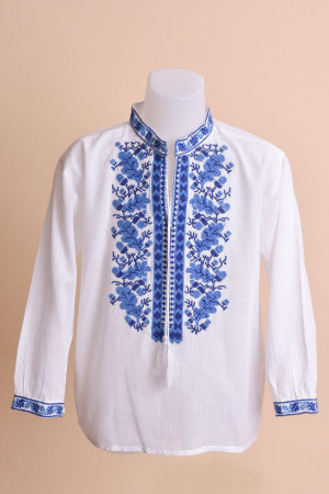 Camasa traditionala de baieti alba cu motiv floral albastru Razvan 01 [0]
