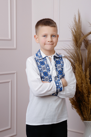 Camasa traditionala de baieti alba cu motiv floral albastru Silviu 03 [2]