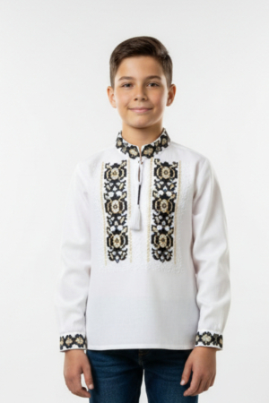 Imbracaminte Baieti - Camasa traditionala de baieti alba cu motiv floral bicolor Octavian