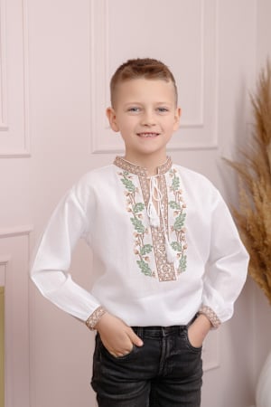 Imbracaminte Baieti - Camasa traditionala de baieti alba cu motiv floral crem Dragos