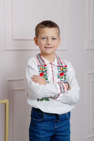 Camasa traditionala de baieti alba cu motiv floral multicolor Andrei [2]