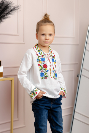 Imbracaminte Baieti - Camasa traditionala de baieti alba cu motiv floral multicolor Beniamin