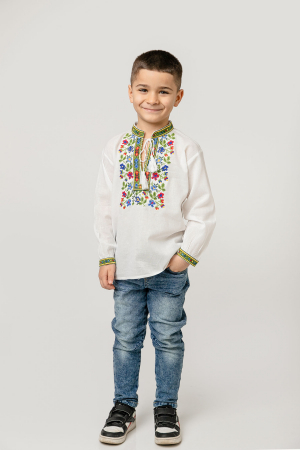 Camasa traditionala de baieti alba cu motiv floral multicolor Cezar [3]