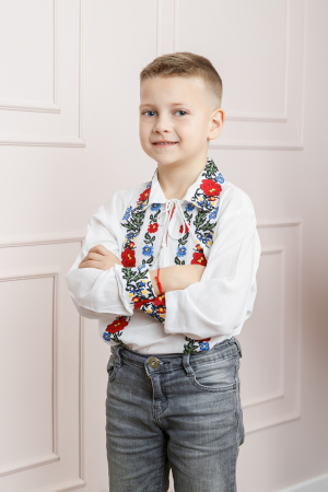 Camasa traditionala de baieti alba cu motiv floral multicolor Costin [0]