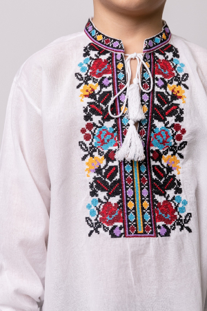 Camasa traditionala de baieti alba cu motiv floral multicolor Denis [1]