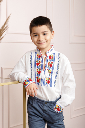 Camasa traditionala de baieti alba cu motiv floral multicolor Narcis [0]