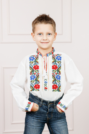 Camasa traditionala de baieti alba cu motiv floral multicolor Rafael [0]