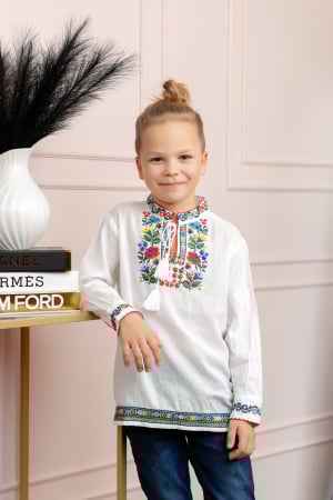 Imbracaminte Baieti - Camasa traditionala de baieti alba cu motiv floral multicolor Sebastian