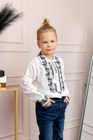 Imbracaminte copii - Camasa traditionala de baieti alba cu motiv floral negru Iacob