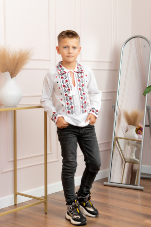 Camasa traditionala de baieti alba cu motiv floral rosu Alin 02 [3]