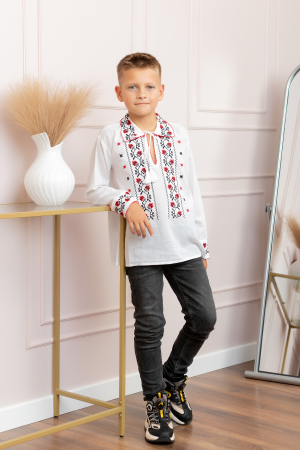 Camasa traditionala de baieti alba cu motiv floral rosu Alin 02 [2]