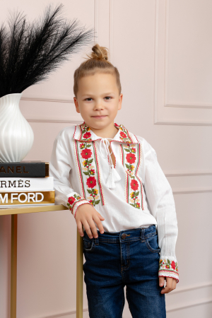 Imbracaminte Baieti - Camasa traditionala de baieti alba cu motiv floral rosu Casian