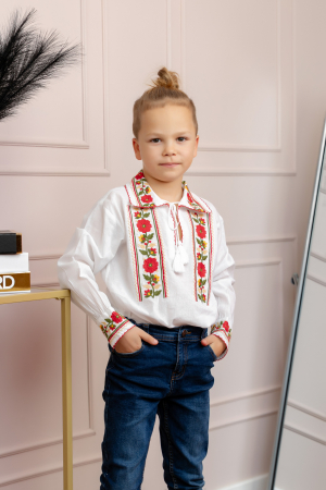 Camasa traditionala de baieti alba cu motiv floral rosu Casian [2]