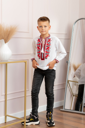 Camasa traditionala de baieti alba cu motiv floral rosu Dominic 04 [3]