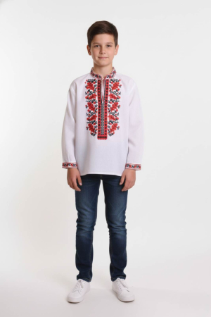 Imbracaminte Baieti - Camasa traditionala de baieti alba cu motiv floral rosu Razvan 02