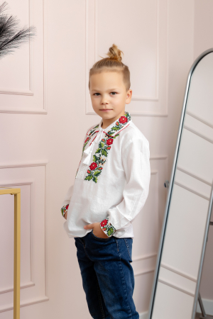 Imbracaminte copii - Camasa traditionala de baieti alba cu motiv floral rosu Sorin