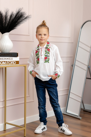 Camasa traditionala de baieti alba cu motiv floral rosu Sorin [3]