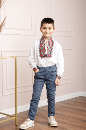 Camasa traditionala de baieti alba cu motiv floral rosu Timotei [2]