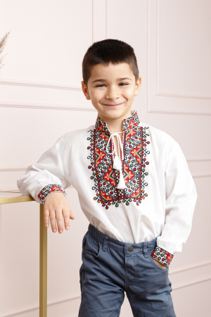 Camasa traditionala de baieti alba cu motiv floral rosu Timotei [0]