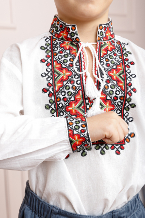 Camasa traditionala de baieti alba cu motiv floral rosu Timotei [1]